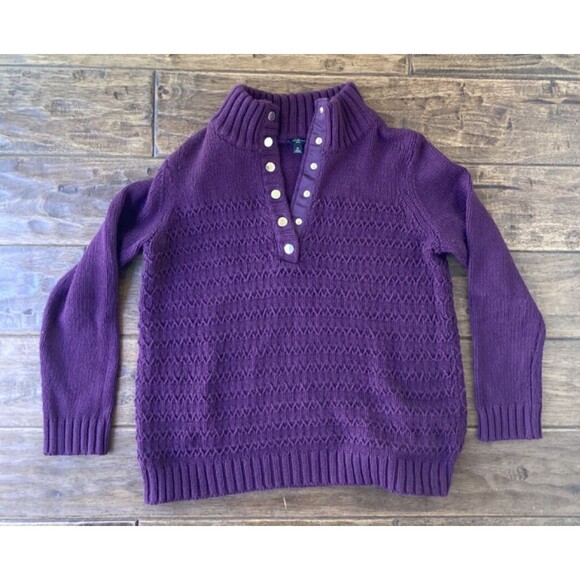 Talbots Sweaters - Talbots Womens Pullover Sweater Snap Up Collar Purple Medium Petite Cotton/Wool